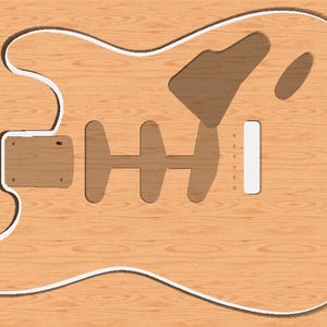 May include: A guitar body cut from light brown wood, with a white outline and cutouts for the pickups, bridge, and controls. The design includes a rectangular section for the electronics and a contoured shape.