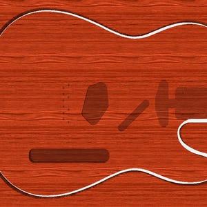 May include: A guitar-shaped outline in white, set against a reddish-brown wood grain background. The design includes cutouts for the pickups, bridge, and neck, suggesting a template or stencil for a musical instrument.