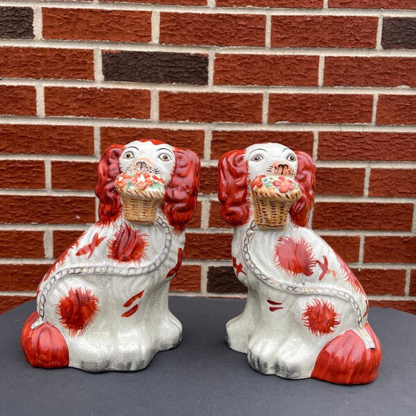 Pair of Staffordshire Dogs with Flower Baskets in Mouths - 7 3/4" Tall Ceramic Figures