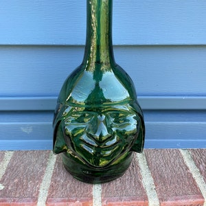 Ranuzzi Green Glass Bottle - Figural Inca Head Shaped Empty Bottle-  Lima Peru - Vintage 1960's Empty 10.25" Heavy Bottle