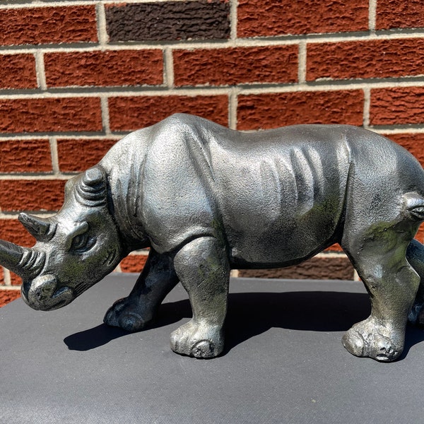 Metal Rhinoceros Sculpture - 12.5 Inches Long - Weighs 3.5 Pounds - Vintage Rhino Figure - Very Detailed