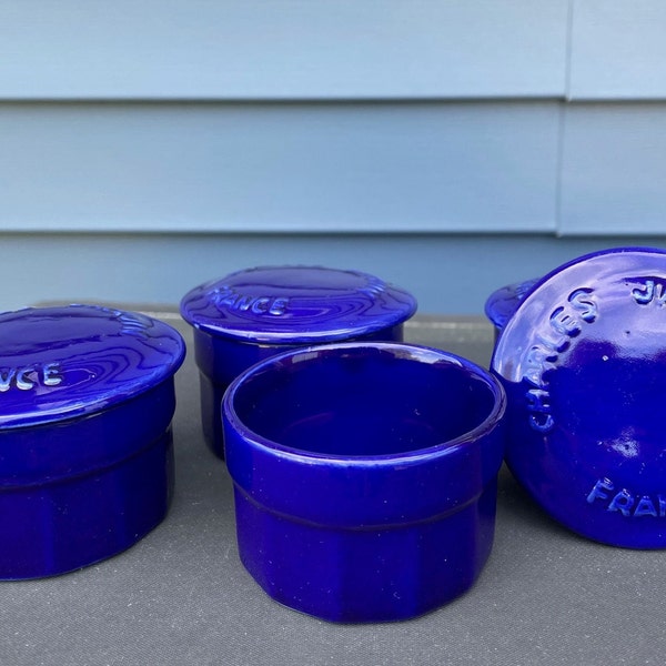 Four (4) CHARLES JACQUIN France Cobalt Blue Ceramic Ramekins with Lids - Vintage French Blue Jelly Jars - Jam Containers - 2" Tall