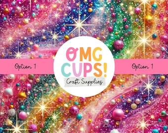 May include: A colorful, glittery background with a white circle containing the text "OMG CUPS! Craft Supplies".