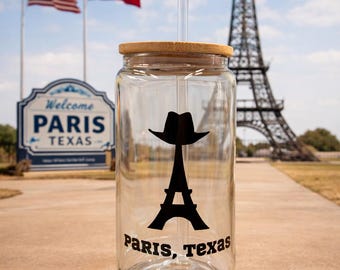 Paris Texas 16oz Glass Can | Bamboo Lid & Straw | Western Eiffel Tower Design
