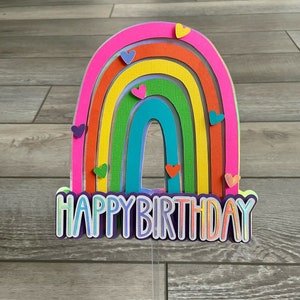 Regenbogen Cake Topper mit individuellem Namen, Regenbogenparty, Boho Regenbogenparty, neutraler Regenbogen, kleiner Stern und Regenbogentorte, Regenbogen mit Namen