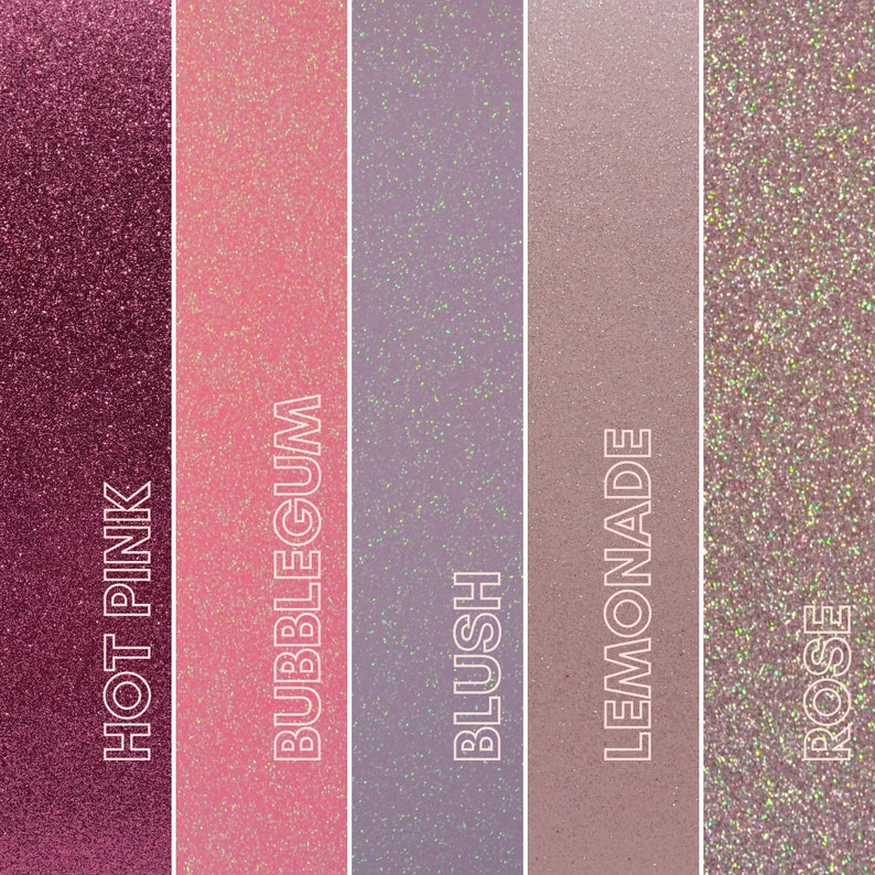 May include: A vertical image showcasing five glittery color swatches: Hot Pink, Bubblegum, Blush, Lemonade, and Rose. Each swatch has a different shade of pink, ranging from deep magenta to pale rose. The names of the colors are written in white, vertically.