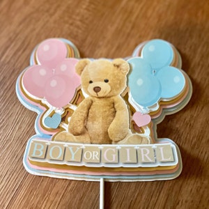Gender reveal cake topper, boy or girl cake decor, baby shower topper, teddy bear baby shower, pink and blue baby shower decor