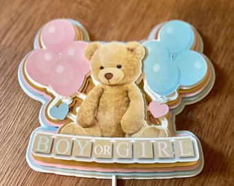 Teddy Bear Gender Reveal Cake Topper: Pink & Blue Baby Shower Decor