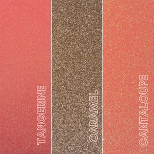 May include: Three vertical panels showcasing glitter textures. The left panel is tangerine, the center is caramel, and the right is cantaloupe. Each panel has a corresponding text label in white: TANGERINE, CARAMEL, and CANTALOUPE.
