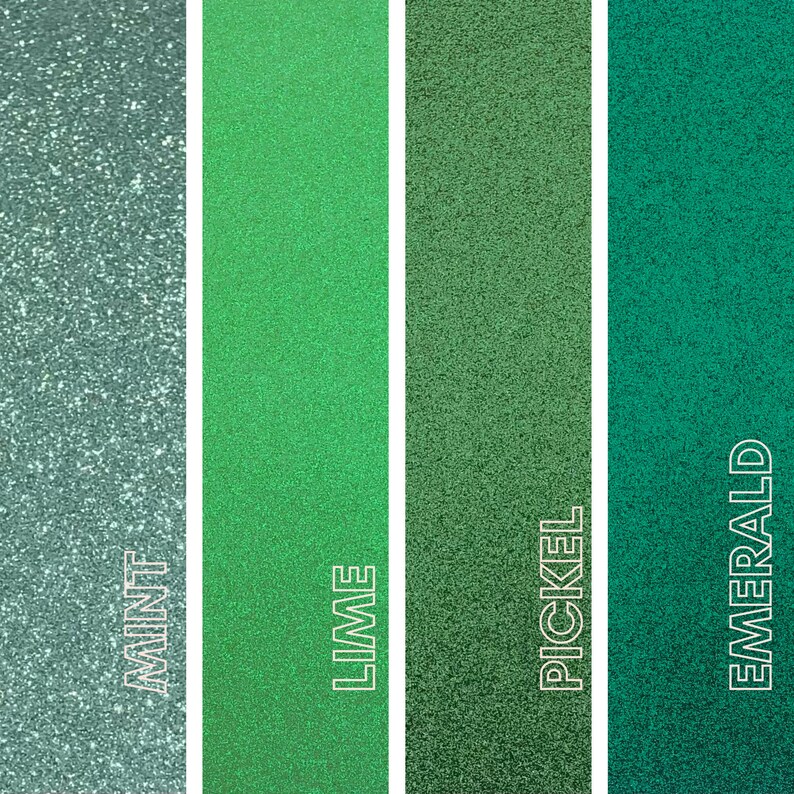 May include: Four vertical stripes of glittery textures in shades of green. From left to right, the colors are mint, lime, pickel, and emerald. The names of the colors are written in white, vertically, on each stripe.