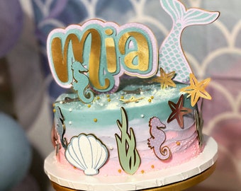 Adorno de tarta de sirena personalizado: Fiesta de cumpleaños bajo el mar