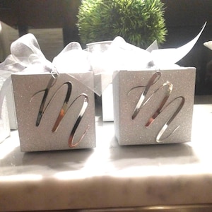 White and silver initial and bow favor box, first communion guest gift box, thank you guest boxes, luxury wedding favor box, custom gift box
