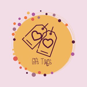 May include: Two brown gift tags with a heart design on a yellow background with a circle of purple and orange dots around the edge. The text "Gift Tags" is below the tags.