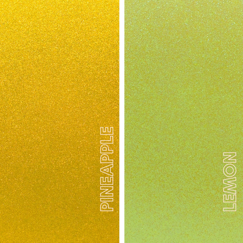 May include: A split image with a vertical white line separating two sections. The left side is a shimmering gold color with the word "PINEAPPLE" in white text. The right side is a shimmering light green color with the word "LEMON" in white text.