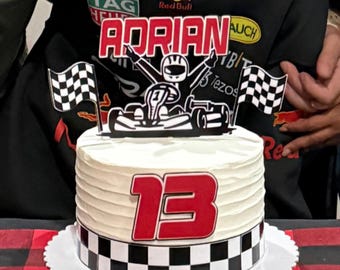 Race Car Cake Topper Personalized, Racing Theme, Checkered Flags Birthday, Go Cars party, Go karts  theme