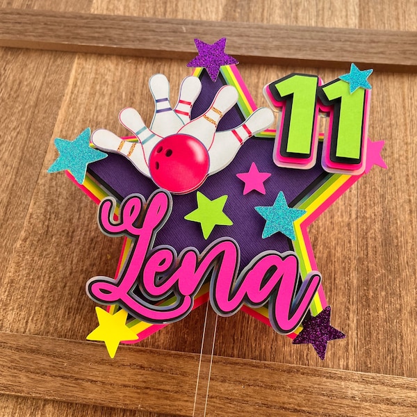 Bowling cake topper, bowling party decor, bowling theme birthday, bowling centerpiece, neon bowling cake decor, teenager birthday theme