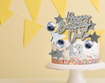 Silver Disco Birthday Cake Topper, Personalized Glam Party Decor, Sweet 16, Teen Birthday