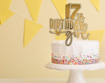 Gold 17th Birthday Girl Cake Topper, Teen Adult Celebration Decoration