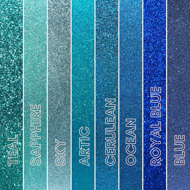 May include: A vertical display of glittered strips in various shades of blue and teal. The colors range from teal to sapphire, sky, arctic, cerulean, ocean, royal blue, and blue. Each strip has a label with its corresponding color name in white text.