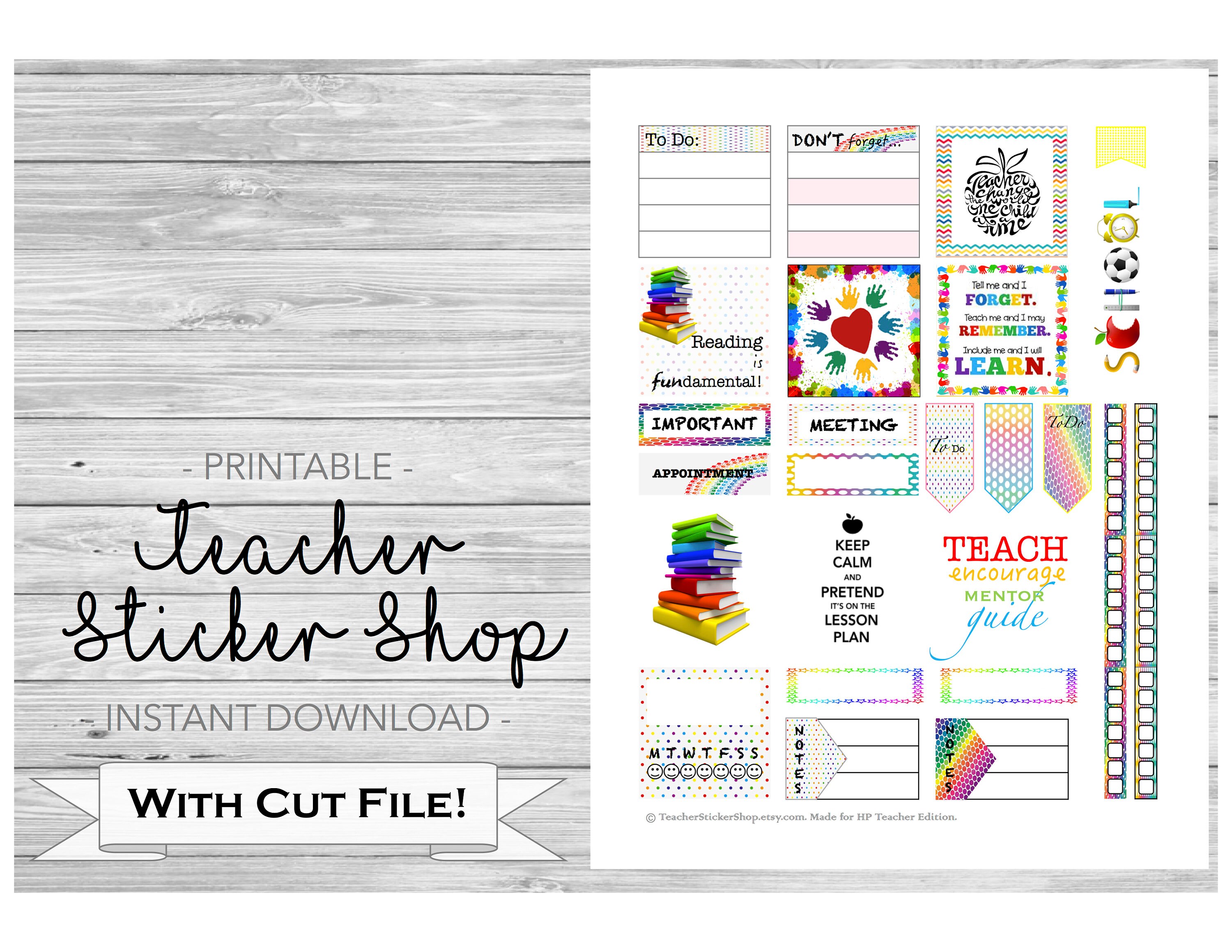 Teacher Planner Stickers PRINTABLE with Cut File Rainbow Etsy