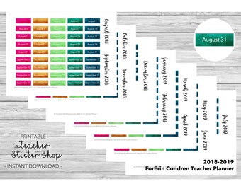 2018-2019 Date Stickers for Erin Condren Teacher Planner; PRINTABLE with Cut File; Watercolor Planner Stickers for Lesson Planners