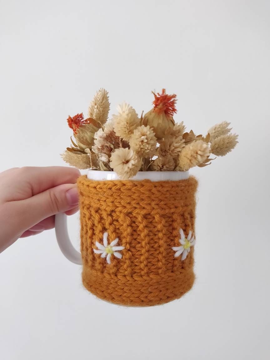 Tour de Tasse en Laine Orange Fleuris, Manteau Pour Mug, Tricot, Broderie Fleurs, Fait Main