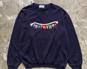Sudadera vintage de Burberry: bandera arcoíris bordada, jersey azul oscuro