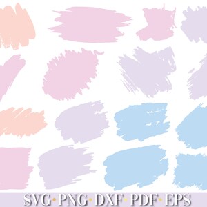 Pode incluir: Um conjunto de 14 gr&aacute;ficos de pinceladas digitais em cores pastel rosa, roxo claro e azul claro. As pinceladas s&atilde;o de v&aacute;rios tamanhos e formas, perfeitas para adicionar um toque de fantasia aos seus designs digitais.