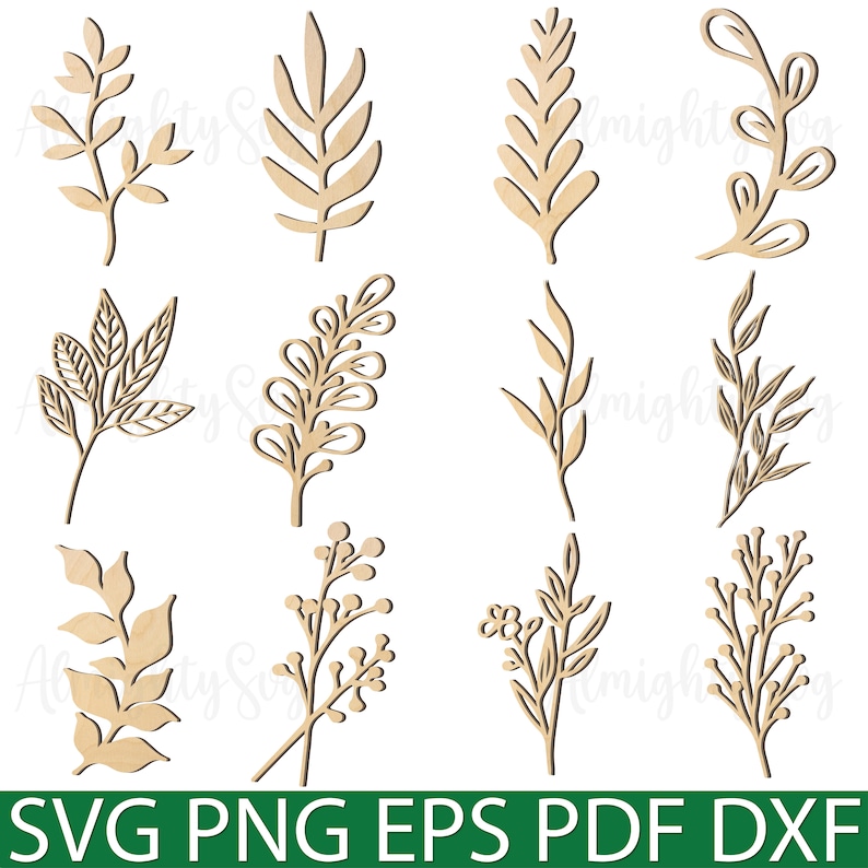 May include: Set of 12 laser cut wood leaf and branch designs. The designs are intricate and detailed, and would be perfect for crafting projects.