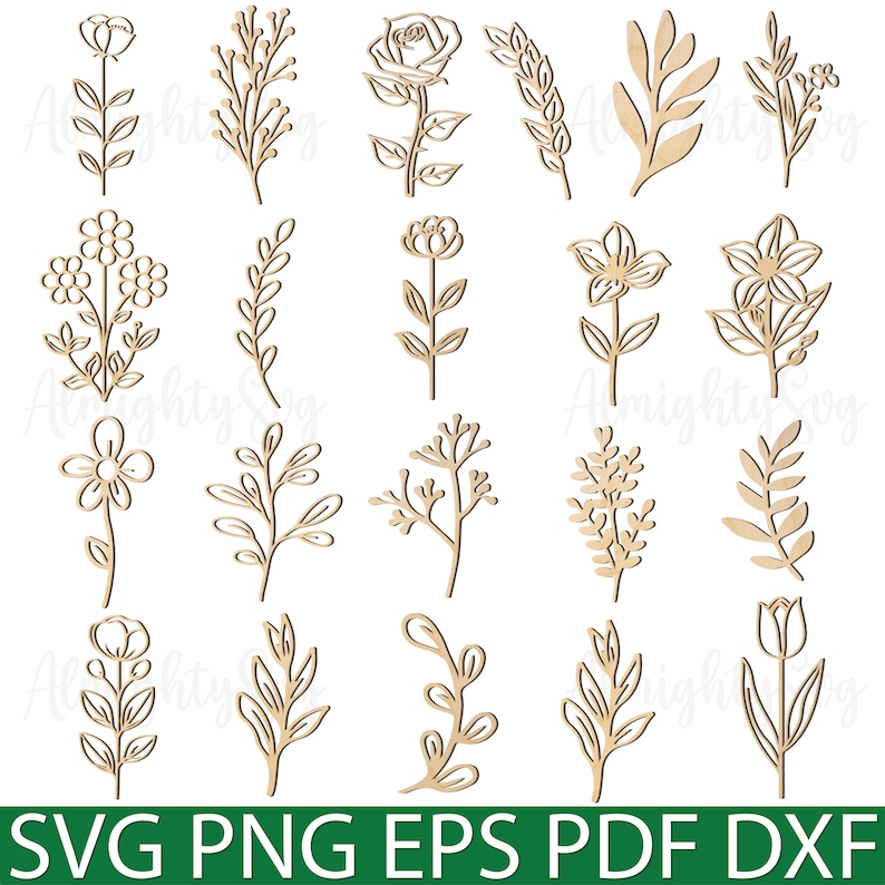 May include: A set of 20 digital cut files featuring various floral and foliage designs. The designs are in a simple, minimalist style and are perfect for crafting projects such as card making, scrapbooking, and home decor.