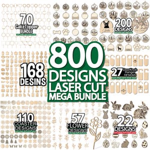 Puede incluir: Una colección de diseños cortados con láser, incluyendo adornos para pasteles, adornos, colgadores para pomos de puerta, posavasos y diseños florales. La imagen muestra un mega paquete con 800 diseños. El texto incluye "70 Cake Topper Bundle", "168 Designs", "200 Designs".