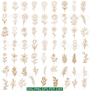 May include: A set of 48 line art floral and foliage illustrations in a gold colour. The illustrations include various flowers, leaves, and branches.
