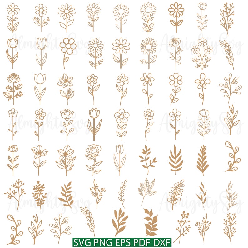 May include: A set of 48 line art floral and foliage illustrations in a gold colour. The illustrations include various flowers, leaves, and branches.