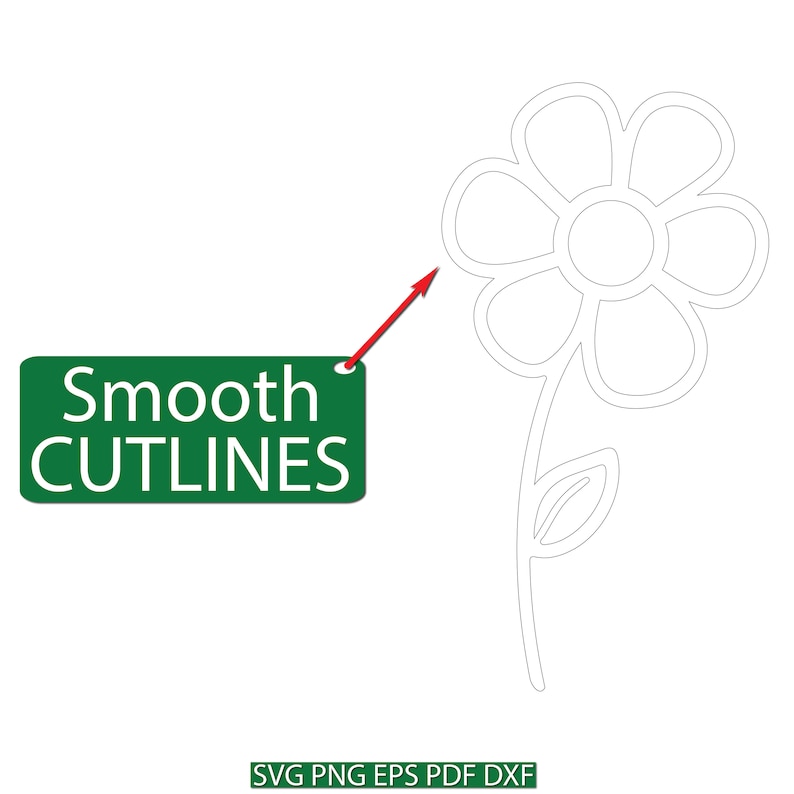 May include: A black and white outline of a flower with six petals and a stem. The text "Smooth CUTLINES" is in a green rectangle with a red arrow pointing to the flower.