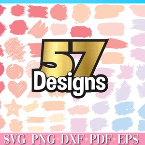 Pode incluir: Um conjunto de 57 designs digitais de pinceladas em v&aacute;rios tons de rosa, p&ecirc;ssego e azul. Os designs s&atilde;o perfeitos para criar fundos, padr&otilde;es e outros projetos criativos. O texto "57 Designs" &eacute; exibido em uma fonte dourada e preta.