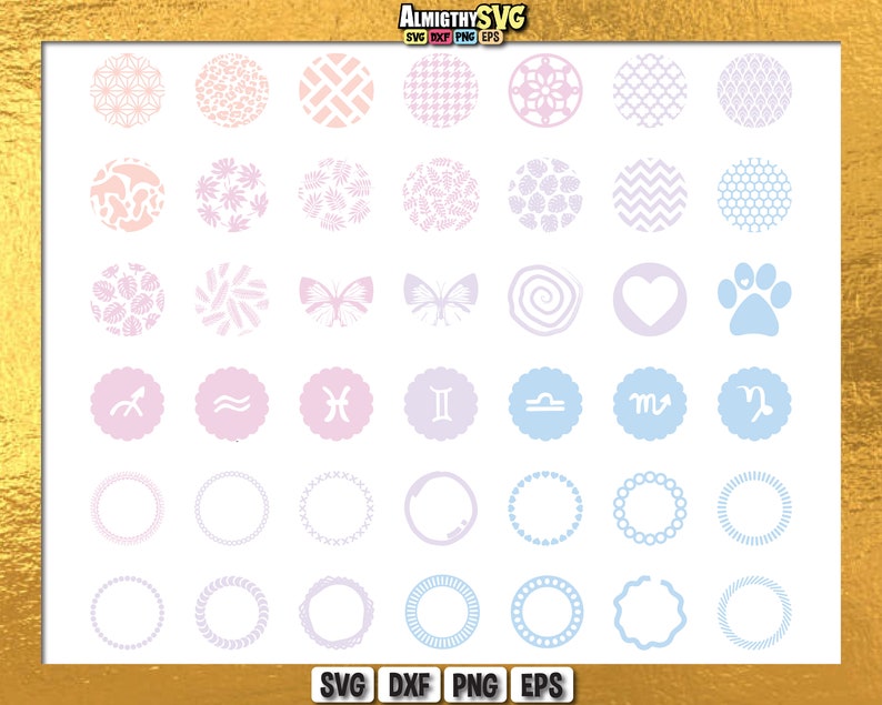 May include: A set of 36 printable circle designs in pink, blue, and white. The designs include geometric patterns, floral patterns, butterflies, zodiac signs, and simple circles.