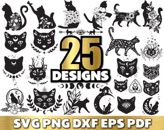 Könnte beinhalten: Ein Set mit 25 schwarzen und weißen Katzen-Designs mit verschiedenen Posen, Mustern und Symbolen. Die Designs beinhalten Katzen mit Blumen, Monden, Sternen, Kristallen und anderen mystischen Elementen. Der Text "25 Designs" ist in goldenen Buchstaben dargestellt.