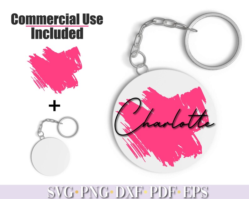 Pode incluir: Um chaveiro rosa e branco com o nome "Charlotte" escrito em it&aacute;lico preto. O chaveiro apresenta um design de pinceladas rosa e vem com um chaveiro prateado.