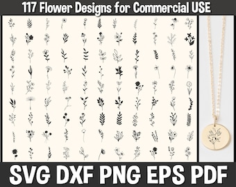 May include: A set of 117 black and white flower and leaf designs for commercial use. The designs are in a simple, minimalist style. The image also shows a gold necklace with a pendant featuring one of the designs.