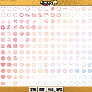 May include: A set of 100 different circle designs in various colors, including pink, red, orange, yellow, blue, and white. The designs include geometric patterns, floral motifs, animal prints, and more. The circles are perfect for crafting projects, scrapbooking, and digital design.