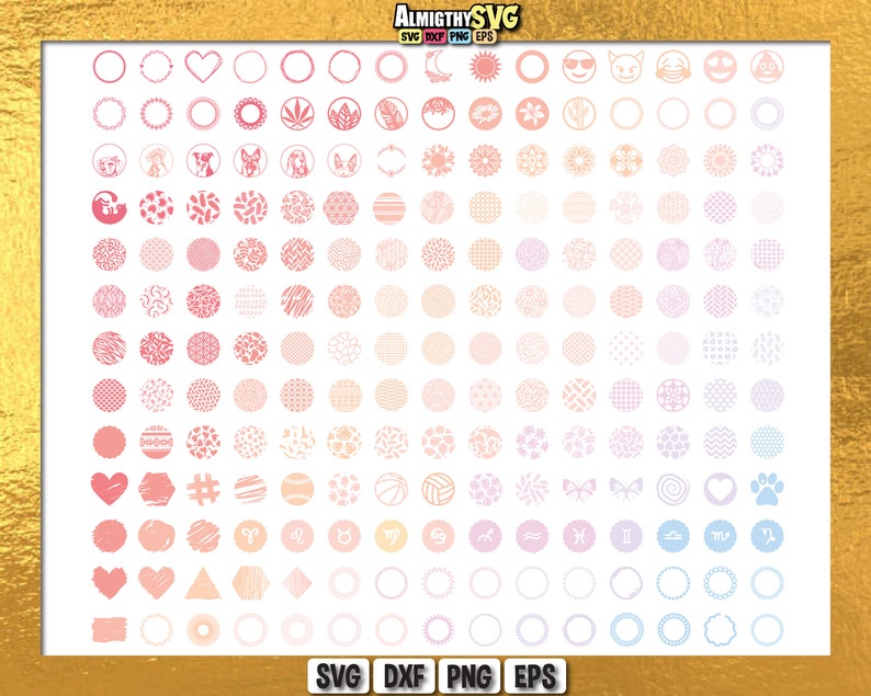 May include: A set of 100 different circle designs in various colors, including pink, red, orange, yellow, blue, and white. The designs include geometric patterns, floral motifs, animal prints, and more. The circles are perfect for crafting projects, scrapbooking, and digital design.