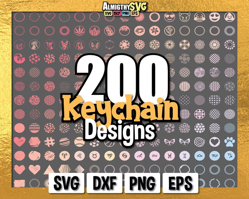 May include: A collection of 200 keychain designs in various styles, including hearts, circles, flowers, geometric patterns, and zodiac signs. The designs are in shades of pink, gray, and blue on a dark gray background. The text "200 Keychain Designs" is in white with a yellow outline.