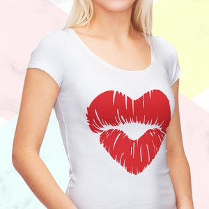 May include: White t-shirt with a red heart-shaped lips graphic.