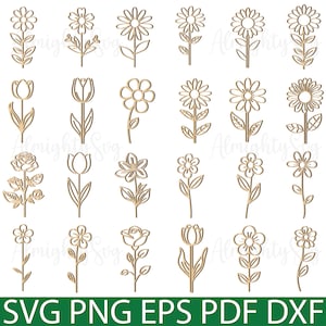 May include: A set of 20 outline flower SVG cut files. The flowers are in various styles, including tulips, roses, and daisies. The files are perfect for crafting projects, such as making cards, scrapbooking, and home decor.
