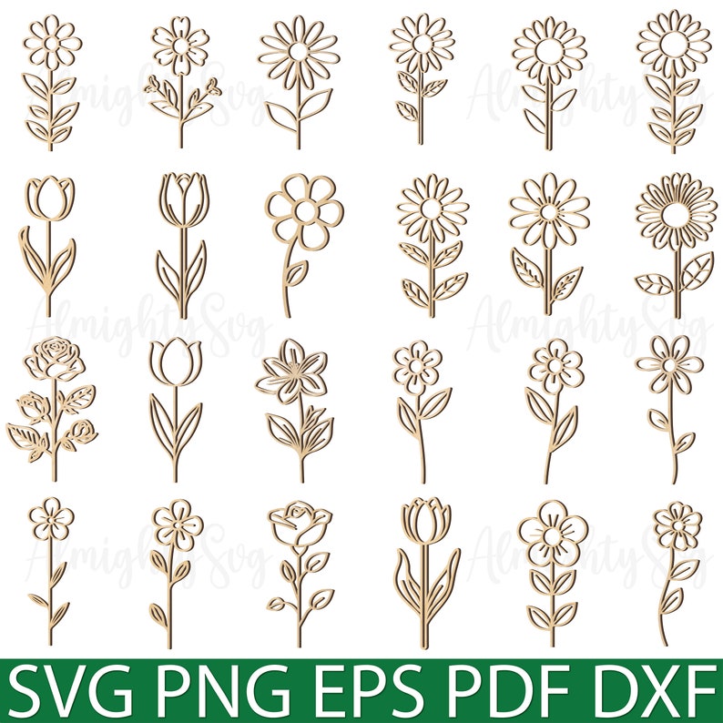 May include: A set of 20 outline flower SVG cut files. The flowers are in various styles, including tulips, roses, and daisies. The files are perfect for crafting projects, such as making cards, scrapbooking, and home decor.