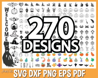 May include: A black and white image with 270 Halloween designs. The designs include pumpkins, bats, ghosts, witches, and more. The text "SVG DXF PNG EPS PDF" is at the bottom of the image.