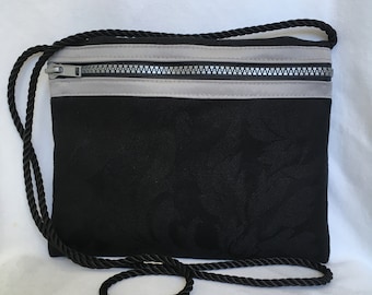 Travel Bag, Passport Bag in Black with Gray Trim Fabric, Wear Cross Body or Shoulder Style