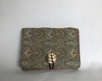 Wallet, Small Wallet Made in Vermont, Tiny Wallet in Blue, Brown and Gold Fabric
