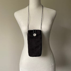 Wearable Glasses Case: Black Fabric with Leaves, Mother of Pearl Button