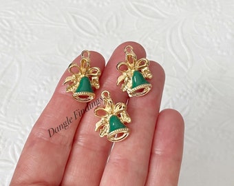10 Christmas Bell Charms, Green Enamel, Holiday, Church, Small, Jewelry Making, 21mm, HOL136